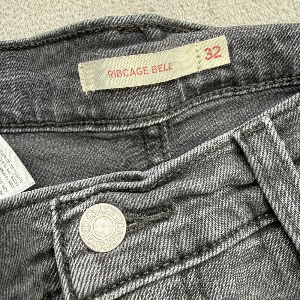 Levis Ribcage Bell Jeans Women 32 Faded Black Super High Rise Wide Leg Boho 70s - Picture 2 of 10